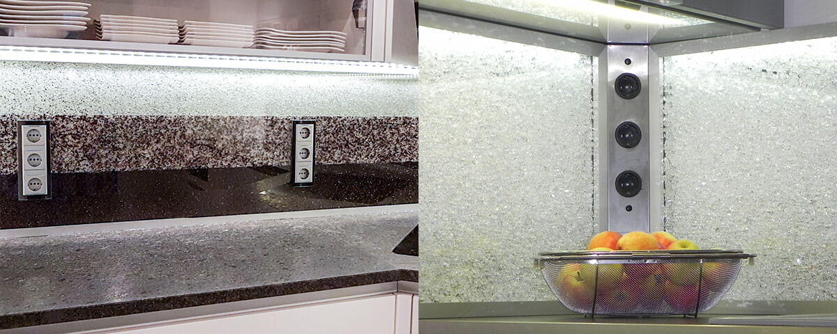 Glaszone Küchenrückwand mit Lochbohrungen für Steckdosen